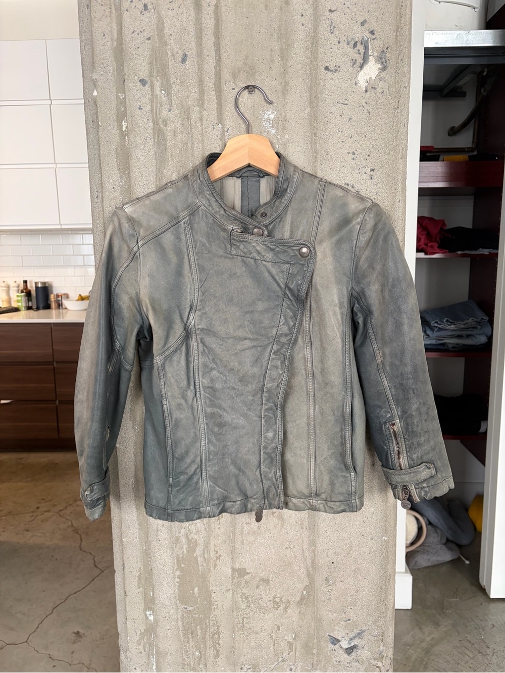 Womens Grey Leather Moto Jacket